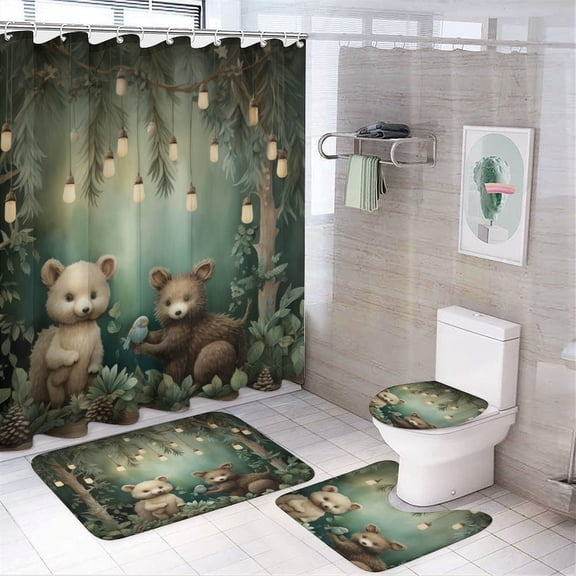 4 Pcs Shower Curtain Sets Sage Green Woodland Forest Animals with Non-Slip Rugs Toilet Lid Cover And Bath Mat Bathroom Decor Set Deer Bear Fox Watercolor Farmhouse Bathroom Shower Set