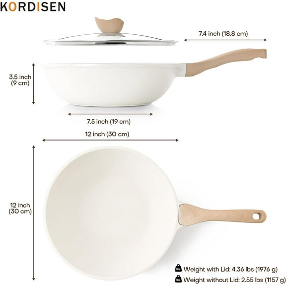 Nonstick Wok with Lid, 12 Inch Healthy Induction Cookware, All Stove Compatible, PFOA White