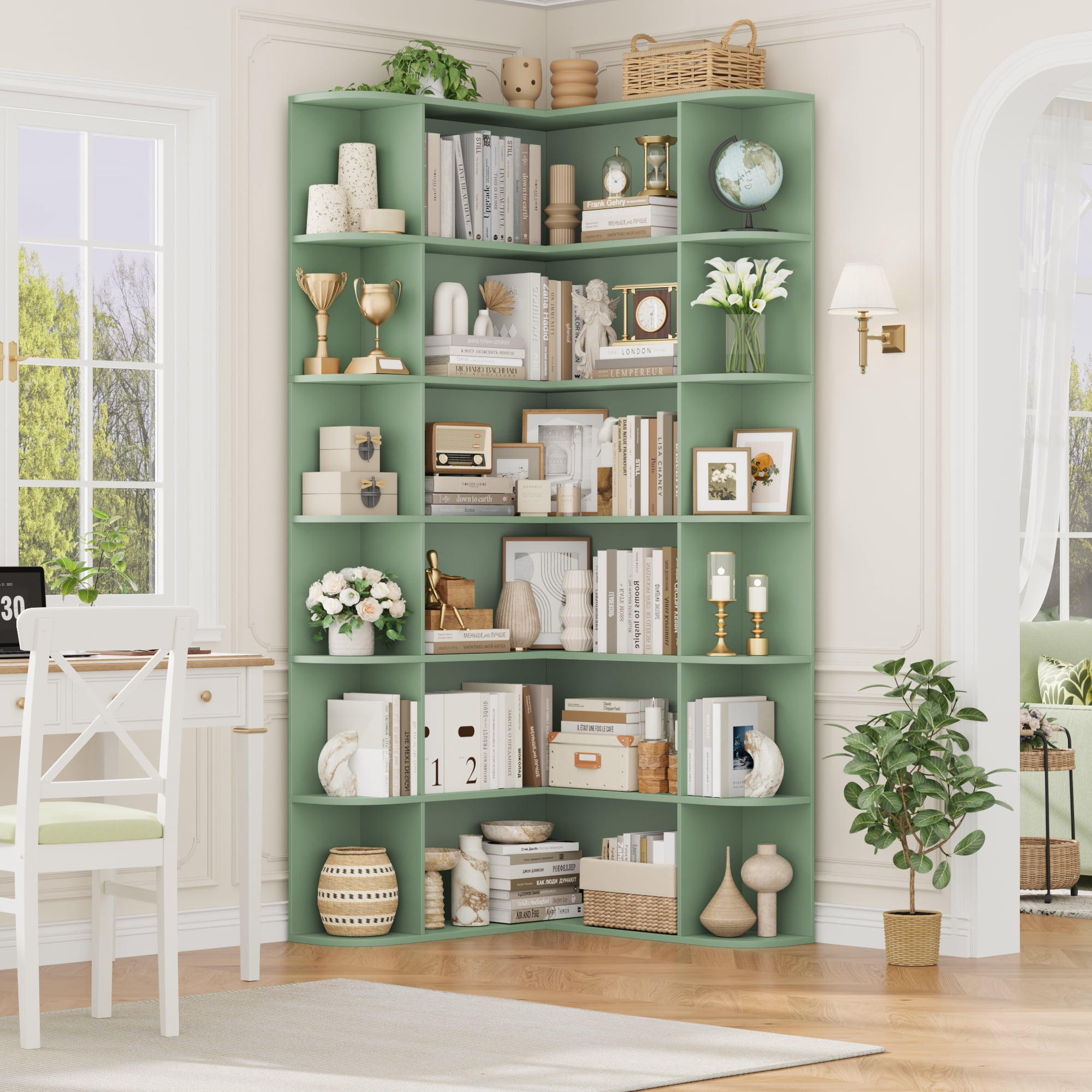 Homfa 73.9” Tall Corner Bookcase, 6 Tier L-Shaped Large Display Bookshelf with Curved Edges for Living Room Home Office Study, Green