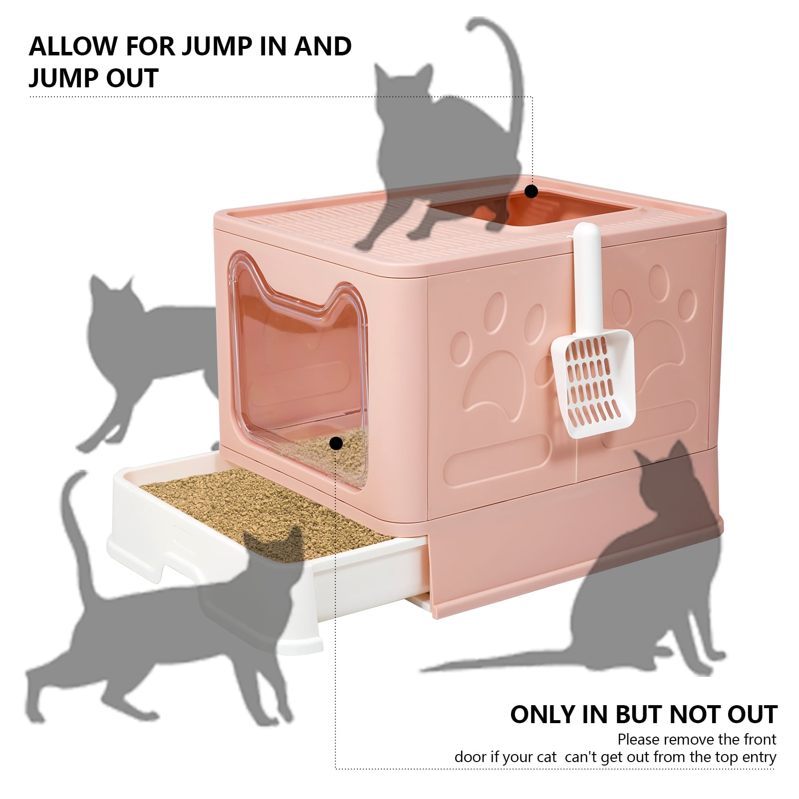 WiseWater Large Foldable Cat Litter Box with Lid, Top Entry Kitty Litter Box with Pet Plastic Scoop, Pink