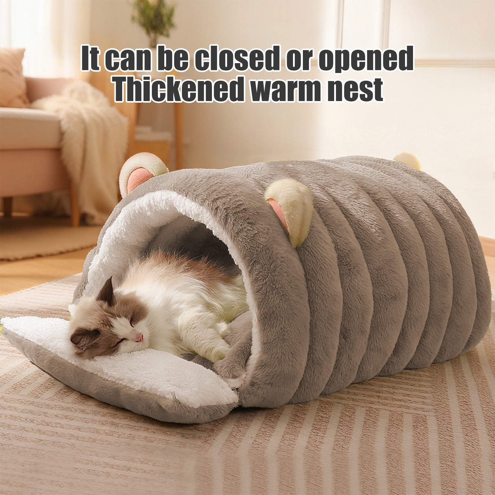 2 In 1 Hooded Pet Bed for Small Dogs & Cats, Winter Plush Calming Dog & Cat Cave bed for Indoor Outdoor, Wear-resistant Removable Washable Dog & Cat House with Non-Slip Bottom