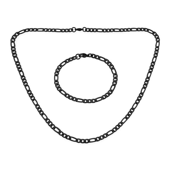 Bling Jewelry Mens Flat Figaro Link 5MM Necklace & Bracelet Set Black Tone Stainless Steel