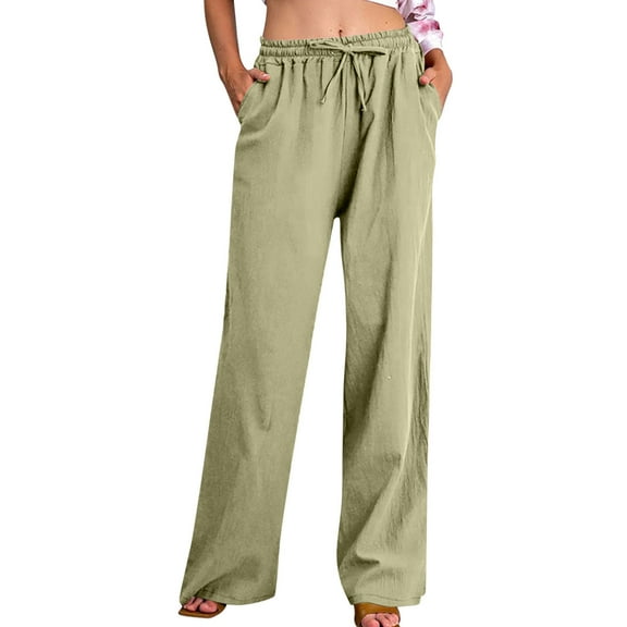 Gnshining Cotton Linen Pants for Women Drawstring Elastic Waist Pants Wide Leg Trousers With Back Pocket Solid Long Pants