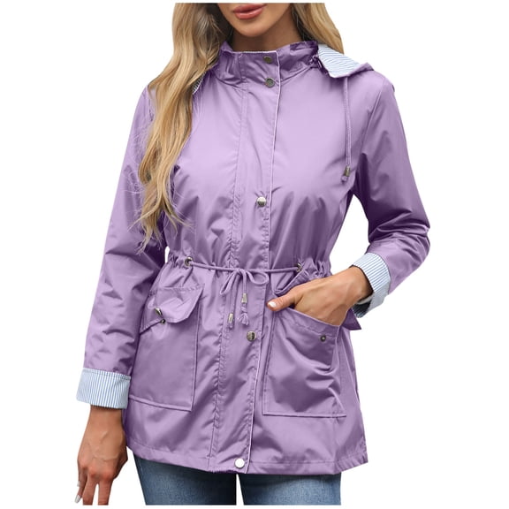 Scyoekwg Women's Jacket Full Zip Striped Lined Drawstring Waist Hooded Comfy Coat Casual Climbing Outdoor Trench Outwear (Purple,S)
