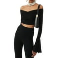 thumbnail image 2 of Women Y2k Off Shoulder Crop Top Flare Long Sleeve Solid Slim Fit T-Shirts Fall Tops Clubwear, 2 of 6