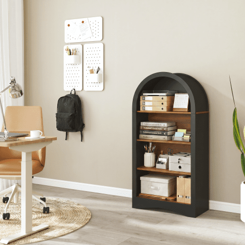 47-Inch Black Arched Accent Bookcase, Freestanding 4-Tier Open Display Rack with Woodgrain Shelves, Multifunctional Storage Cabinet for Small Spaces, Living Room, Bedroom, Entryway