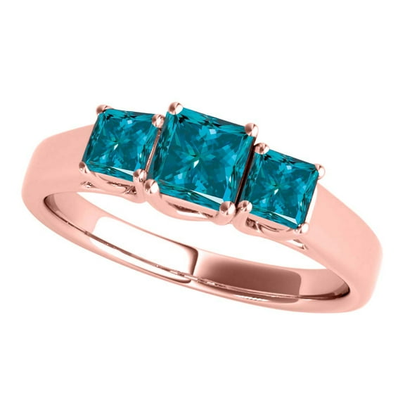 Aonejewelry 1 Carat Blue Dimaond Princess Cut 3 Stone Brilliant Diamond Enagagement Wedding Ring Crafted In 10K Solid Rose White and Yellow Gold For Woman