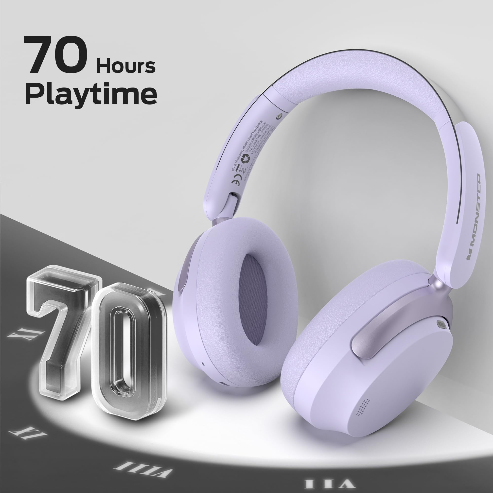 Monster Active Noise Canceling Headphones, Over-Ear Wireless Bluetooth Headphones with 6 Mics, 70H Playtime and 3 EQ Modes, Deep Bass, Foldable Comfort Design for Travel, Purple