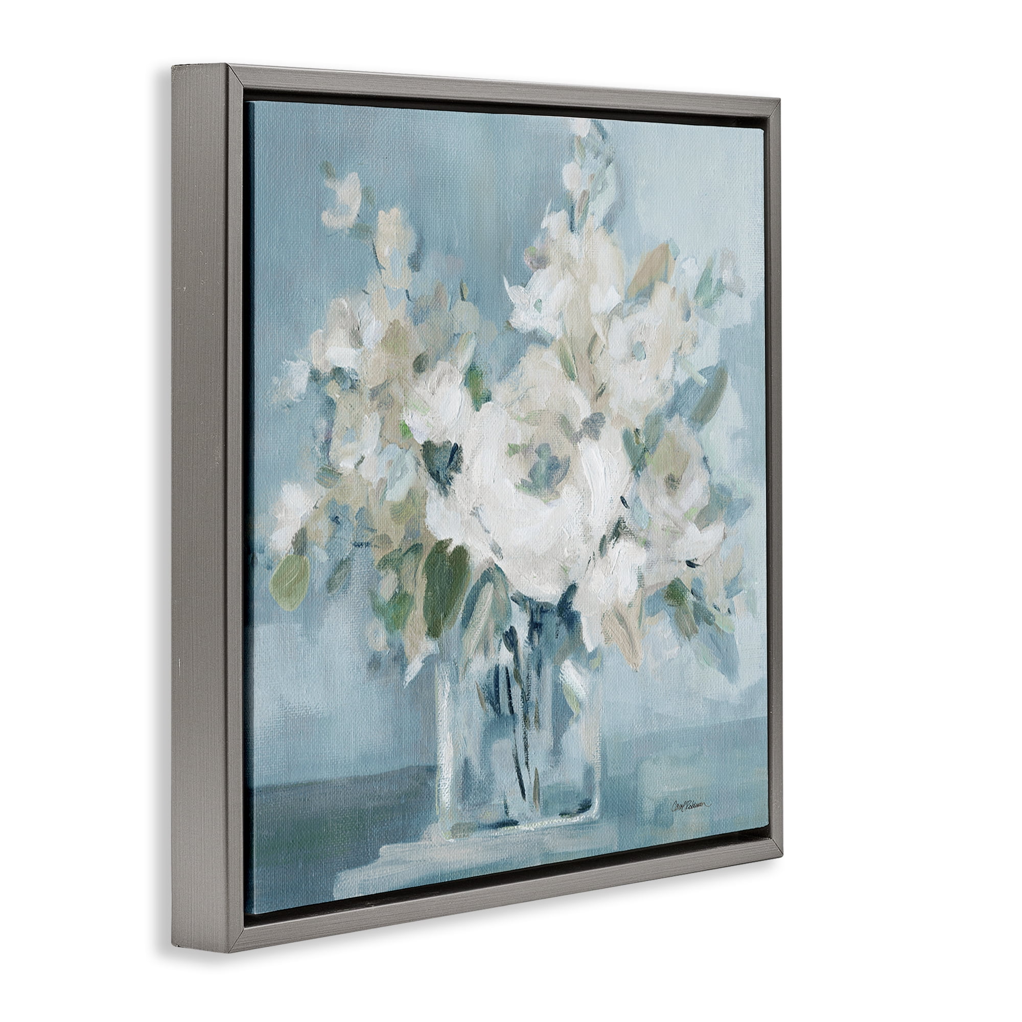 Stupell Industries Soft White Blossoms Vase Plants & Flowers Painting Gray Floater Framed Canvas Art Print Wall Art, 25 x 25