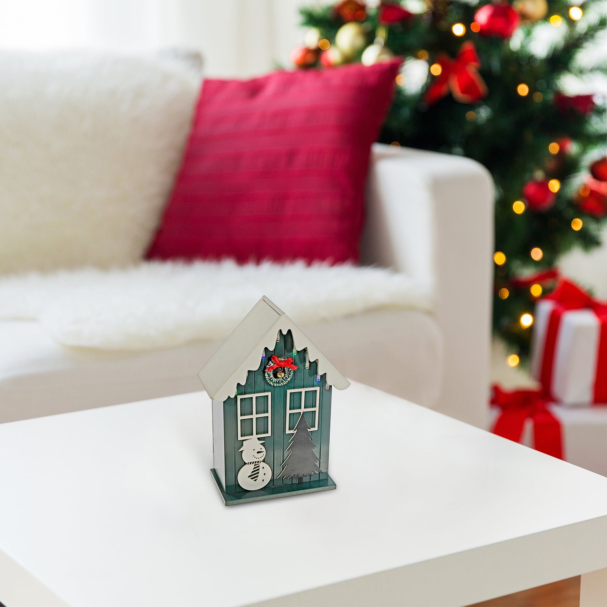 Led Wooden House With Snowman (Green) W/Timer