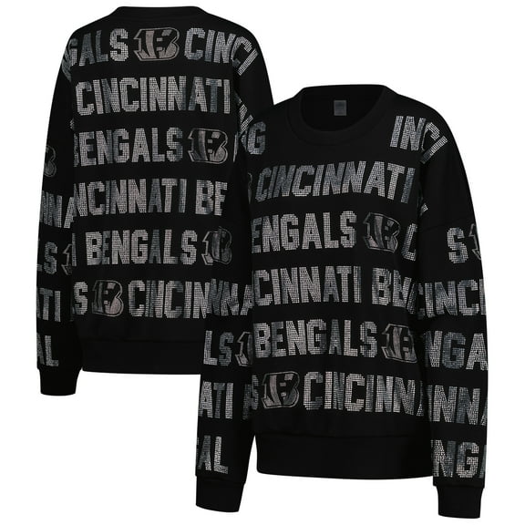 Women's Gameday Couture Black Cincinnati Bengals Oversized Hype Era Rhinestone Text Sweatshirt