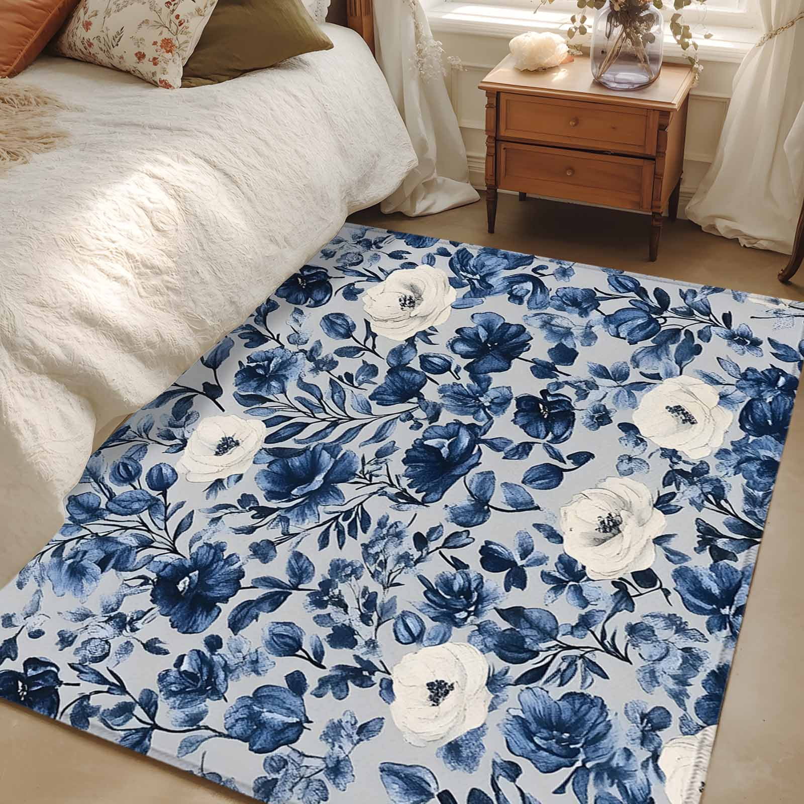 3'x5' Area Rugs, Navy Blue White Peony Indoor Outdoor Area Rug for Living Room Bedroom, Vintage Floral Blossom Washable Bathroom Rugs Kitchen Floor Carpet Mats Home Decor Aesthetic