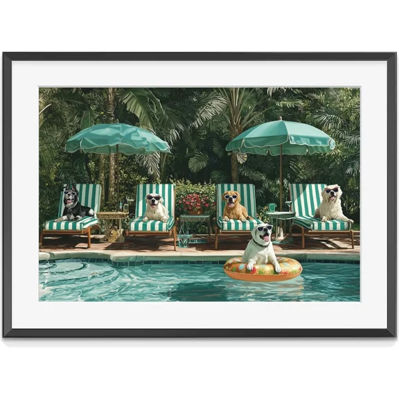 Fine Art Dogs By Pool Print - Retro Poolside Dogs Wall Art - Luxury Beach House, Matte Canvas Stretched, Posters for Room Bedroom Living Room Bathroom Wall Decor, Posters & Art Prints, Gift.