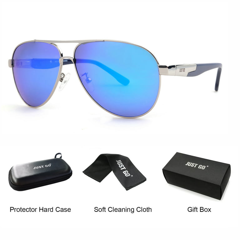 JUST GO Aviator Style Polarized Sunglasses with Spring Hinge, 100%UV  Protection for Men and Women, Silver, Blue Rove