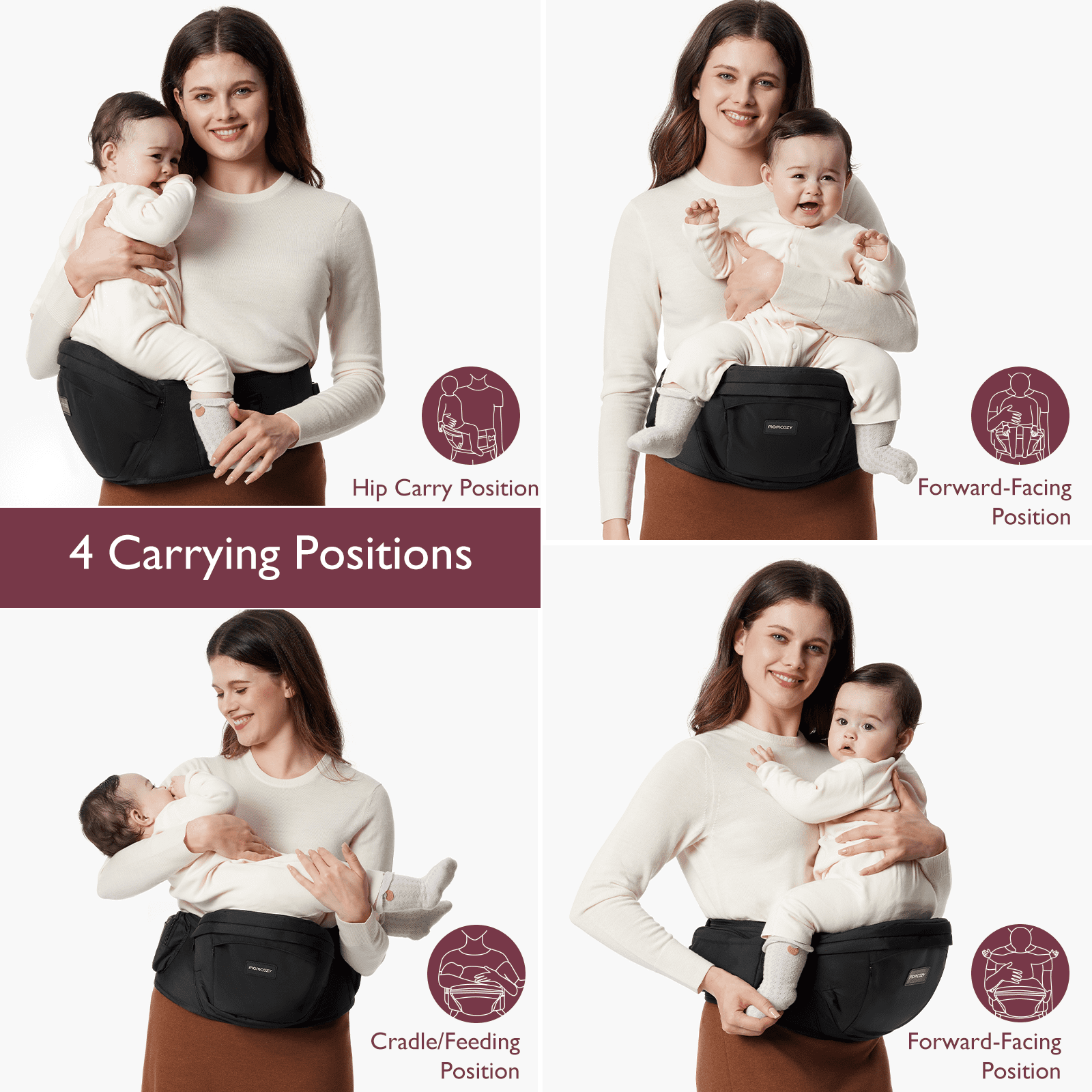Momcozy Hip Seat Baby Carrier with Storage Pockets, Ergonomic Waist Support, Newborn to Toddler, Black