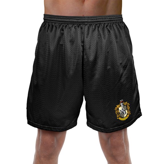 Harry Potter Hufflepuff Crest Mens Lined Mesh Shorts, Black, 2X-Large