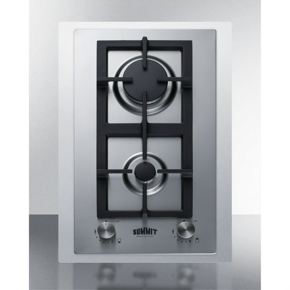 2-burner gas cooktop made in Italy w/15" wide trim kit in stainless steel with cast iron grates