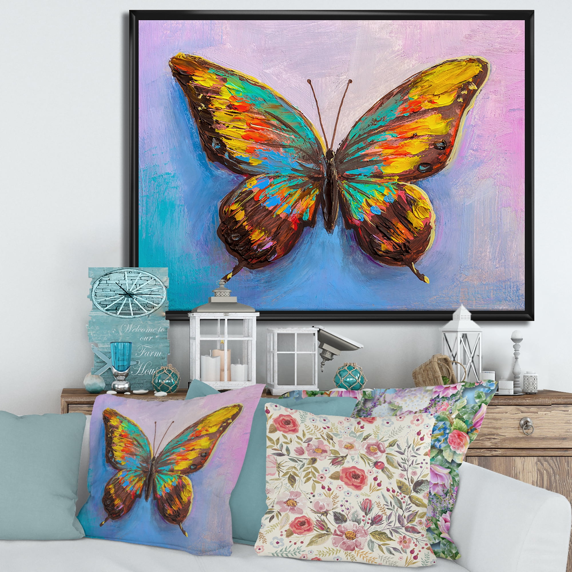 Designart 'Beautiful Butterfly In Orange and Turquoise' Modern Framed Canvas Wall Art Print