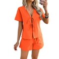 thumbnail image 2 of Women'S Summer Short Sets Front Tie V Neck Shirt Tops Matching Casual Shorts 2 Piece Outfits Orange Color M, 2 of 9