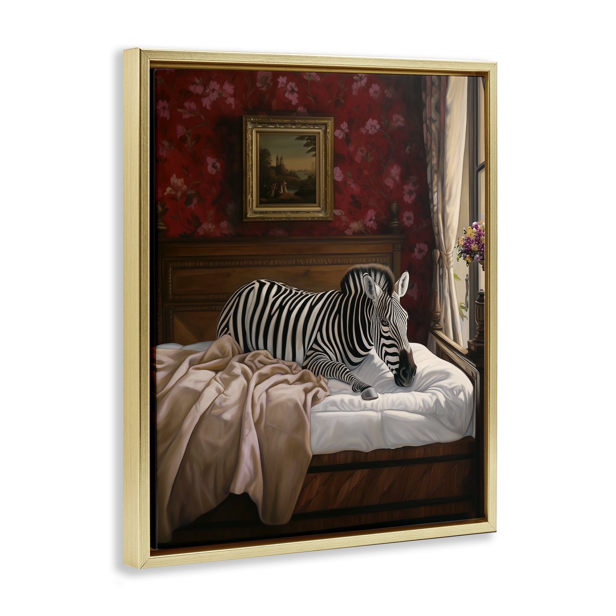 Stupell Industries Zebra on Regal Bed Animals Painting Gold Floater Framed Canvas Art Print Wall Art, 17 x 21