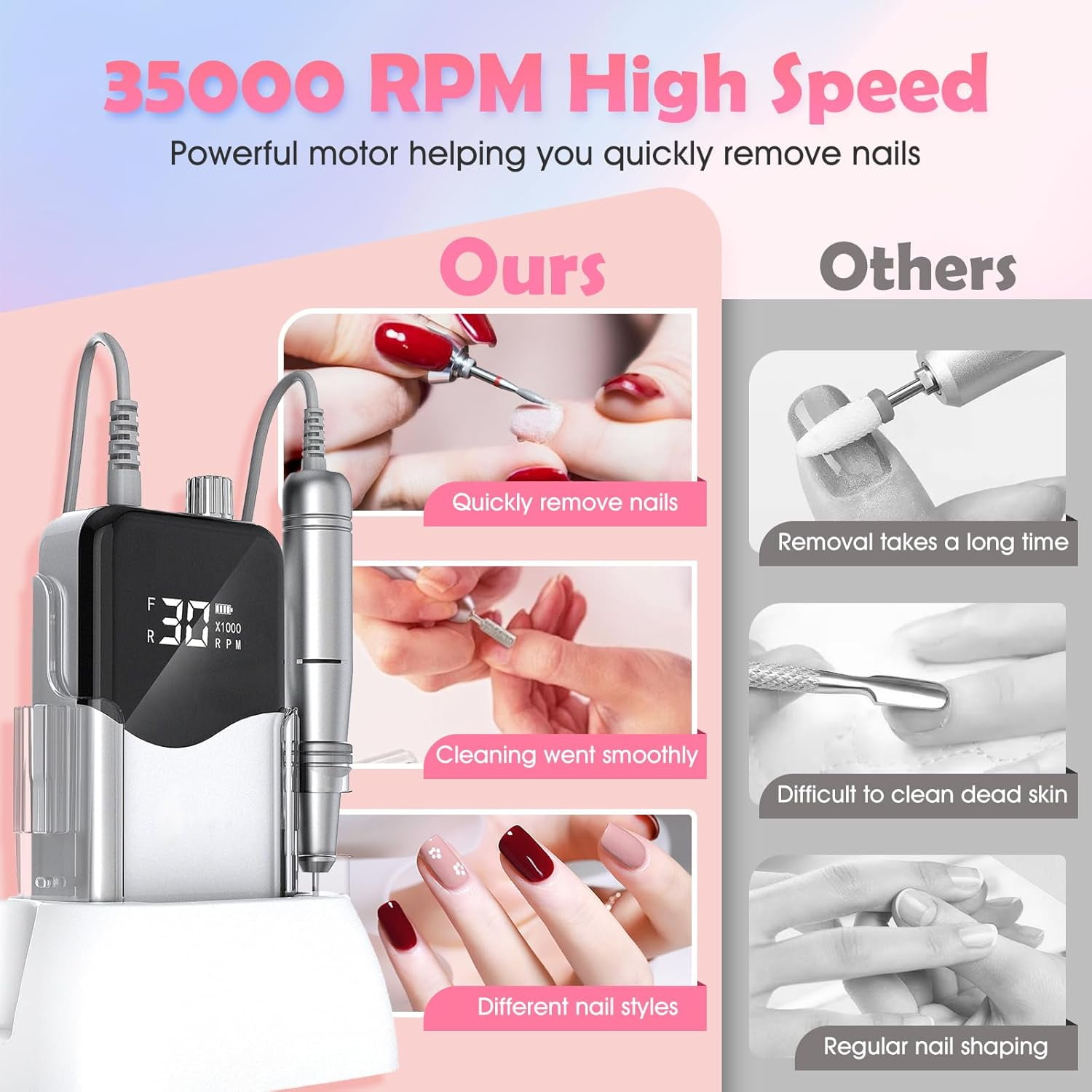Aorsher Professional Rechargeable Nail Drill, 35000 RPM Electric Nail File, Portable LED Display Nail Tool Kit for Salon and Home Manicure Pedicure