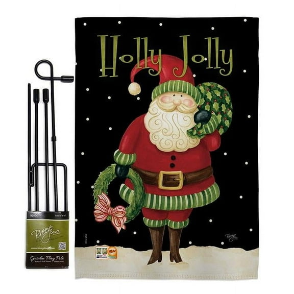 Breeze Decor BD-XM-GS-114139-IP-BO-D-US17-AM 13 x 18.5 in. Holly Jolly Santa Winter Christmas Impressions Decorative Vertical Double Sided Garden Flag Set with Banner Pole