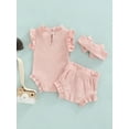 thumbnail image 4 of Kiapeise Newborn Baby Girl Ribbed Outfits Solid Ruffle Sleeveless Romper Shorts Headband Infant Summer Clothes Set, 4 of 9