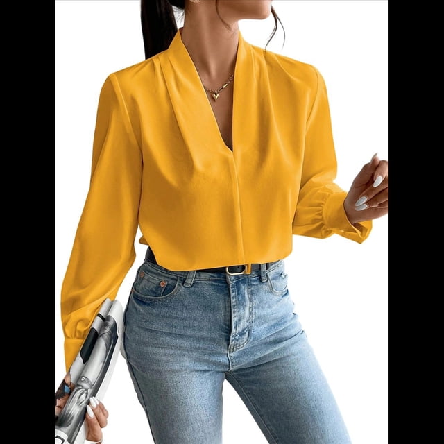 Blusas de Trabajo para Mujer, Blusas de Larga, Blusas de Oficina con Cuello en V, Blusas de para Mujer Naranja XL