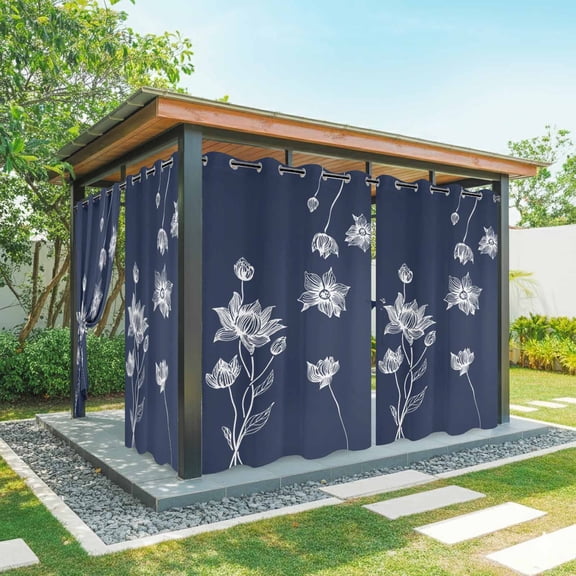 Outdoor Curtains for Patio Waterproof, Navy Blue White Floral Windproof Pravicy Outside Porch Blackout Curtain, Abstract Art Summer Botanical Sun Blocking Curtains for Cabana 2 Panels 54"x95"