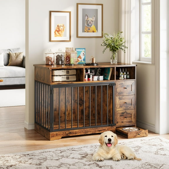 Luku Farmhouse 48" Dog Crate Furniture, Dog Kennel End Table with Storage Drawers & Removable Tray