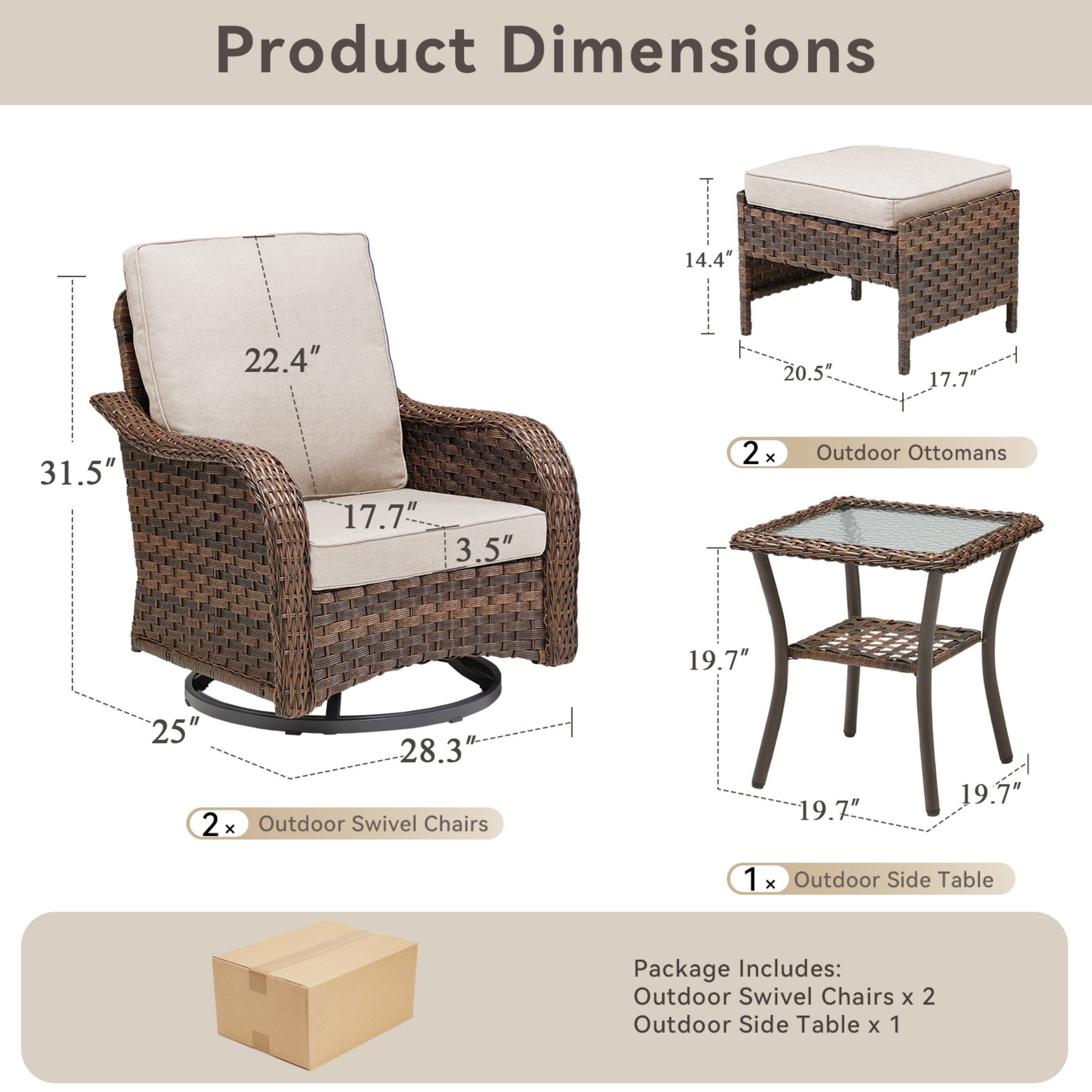 Unnifurnzi 5 Pieces Patio Furniture Set-Outdoor Swivel Rocker Patio Chairs with Outdoor Ottoman Wicker Patio Furniture for Porch Balcony Deck-Brown/Beige