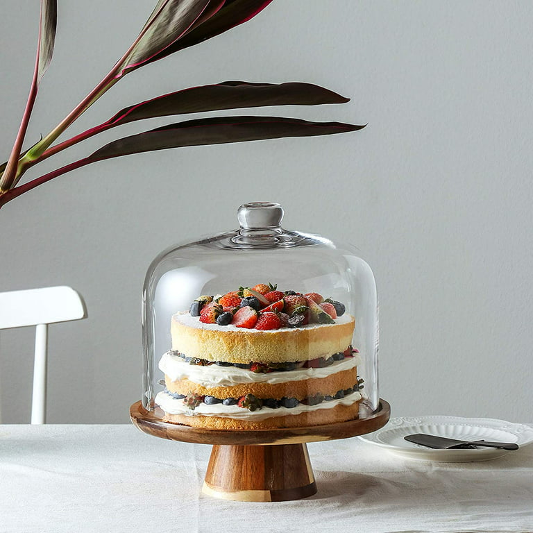 Flat Round Wood Server Cake Stand with Glass Dome, Size: 11x11, Clear