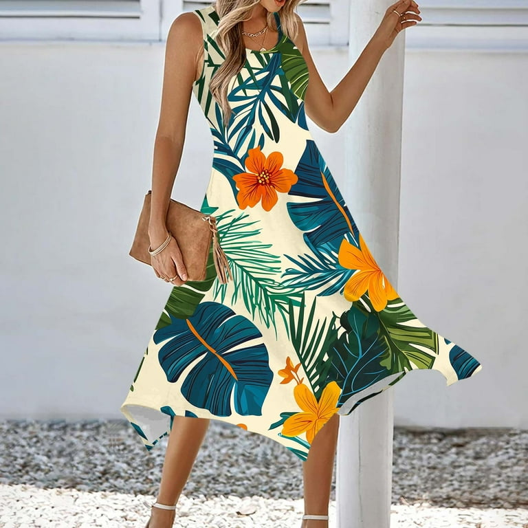 Rvkxad Women Summer Dresses Tropical Crew Neck Casual Summer Tank Dress A Line Sleeveless Hawaiian Loose Party Beach Midi Sundress Womens Gifts Orange
