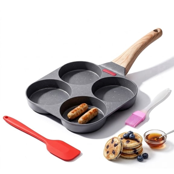 4-Cup Nonstick Egg Frying Pan, Aluminum, Gas Stove & Induction Compatible, Temperature-Sensitive Strip, for Pancakes, Hamburger, Sandwiches