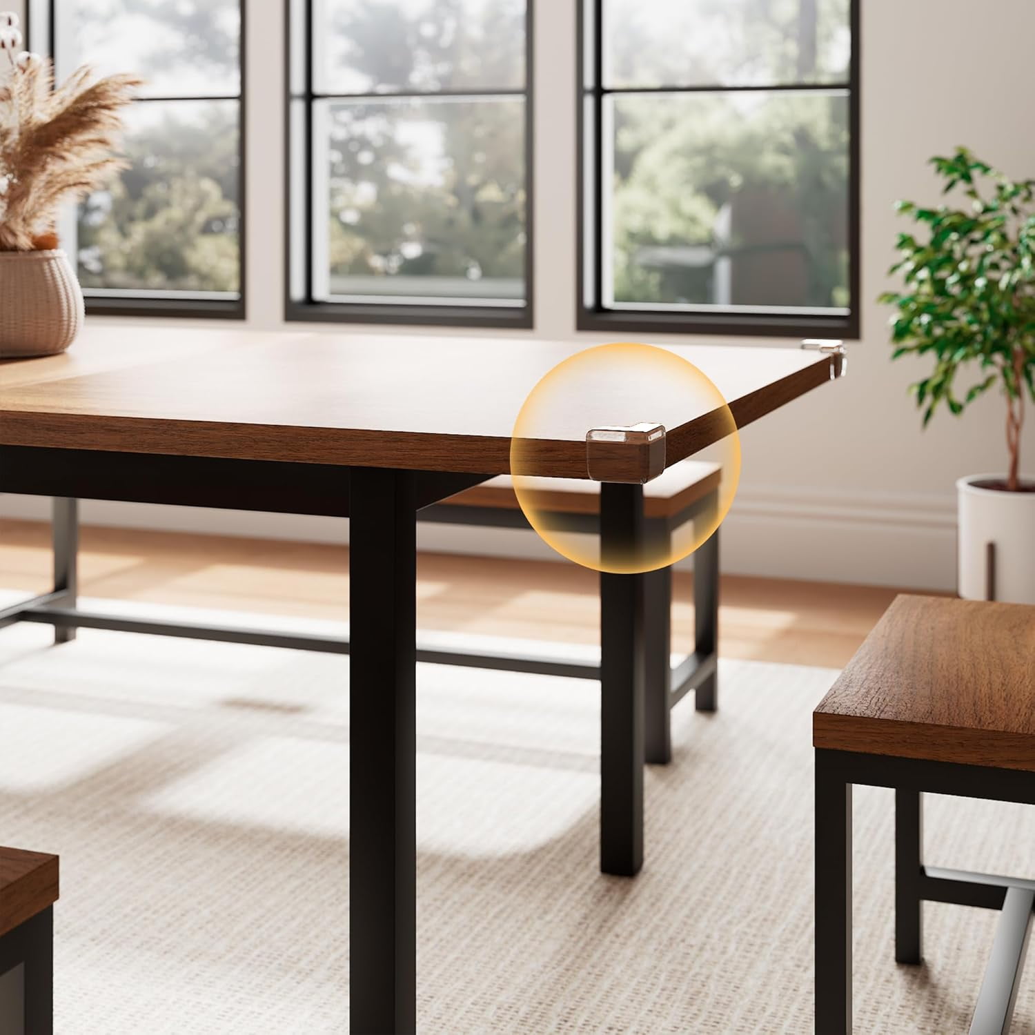 Honfach 5 Piece Dining Table Set for 4-8 People, 63" Large Extendable Kitchen Table Set with 2 Benches and 2 Square Stools, Walnut