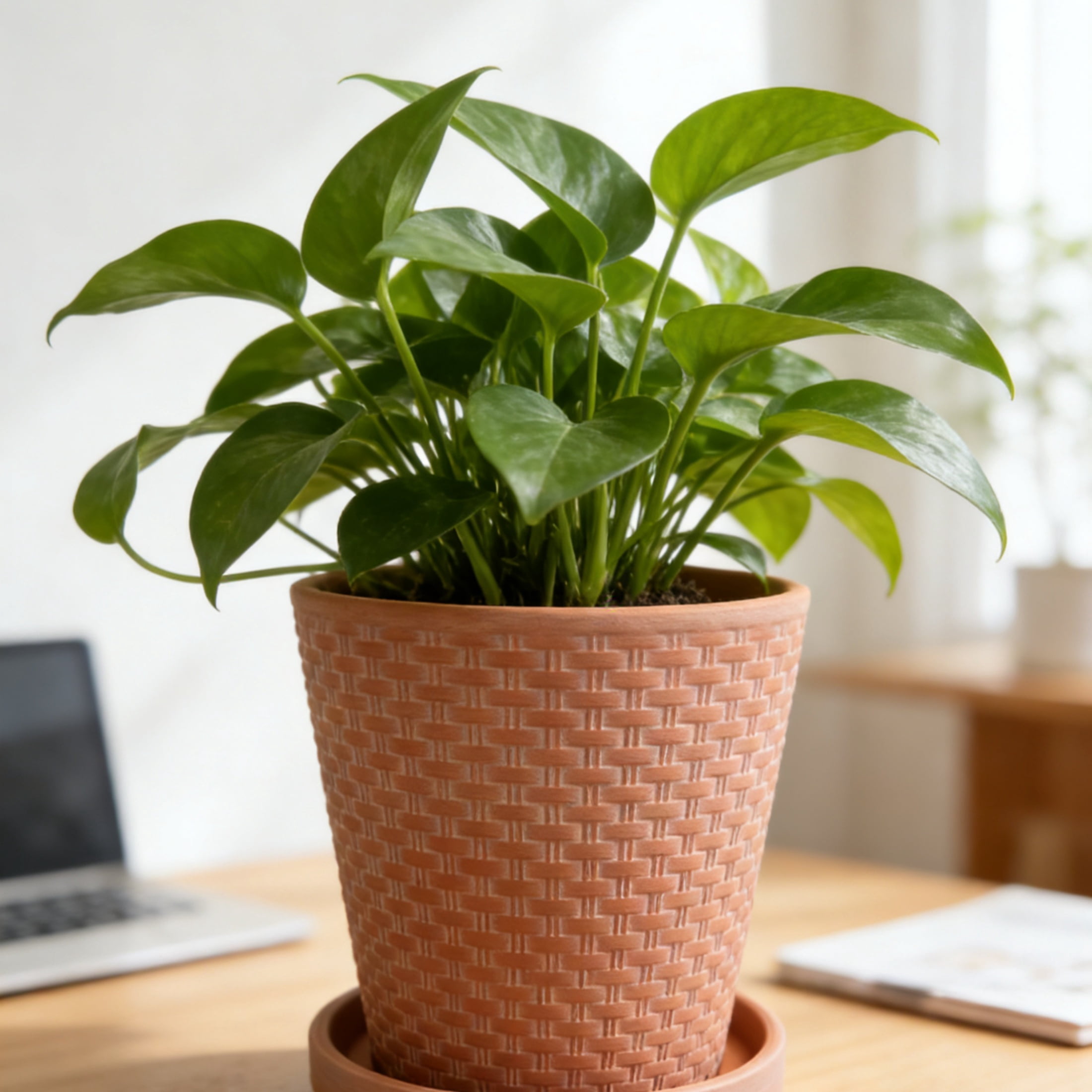 Clay flower pot, surface relief technology, 1 set of 2 flower pots and 2 trays, suitable for all kinds of flower planting, flower pot with drainage holes, suitable for interior decoration an