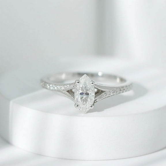 Silvago Jewelry 14K White Gold Plated Rings - 1.46 Ct Marquise Cut Moissanite Rings - Splite Shank Multi Stone Wedding Moissanite Ring - Anniversary Gifts Clearance Rings - Wedding Jewelry Women's