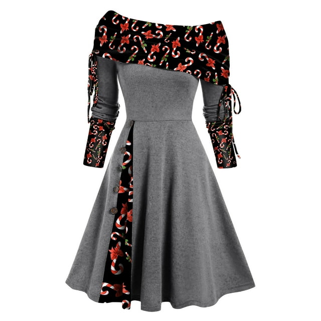 Qertyioot Robe Imprimée de Noël pour les Femmes, Robe Décontractée Vintage à Manches Longues de Mode d'Hiver