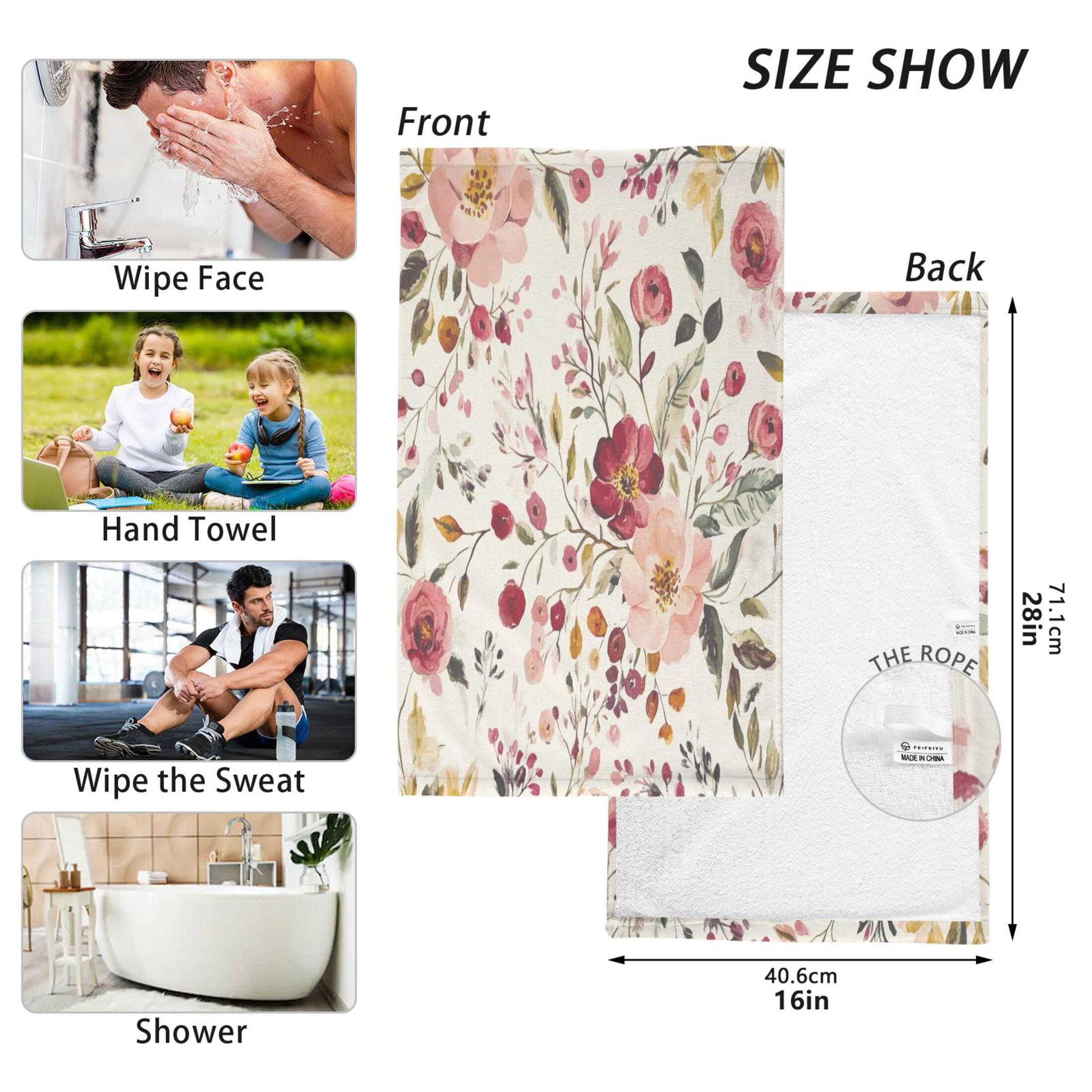 2 Pcs Absorbent Face Towel Bath Hand Towels Soft Breathable Cotton Towel Set for Bathroom Kitchen Hotel Spa Decor Vintage Floral Print Pattern