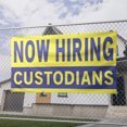 thumbnail image 2 of Now Hiring Custodians 13 oz Heavy Duty Vinyl Banner Custodian Jobs Available Custodial Help Wanted Sign for Business Advertising Indoor/Outdoor Single-Sided w/ Metal Grommets (2x5 ft, Ye & Bl), 2 of 6