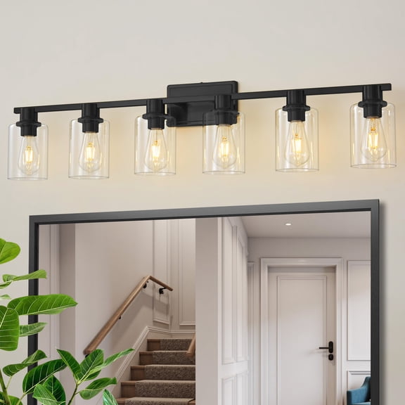 Deyidn 6-Light Modern Bathroom Vanity Light, 43 Inch Black Finish Dimmable Mirror Light Fixture with Cylindrical Glass Shades