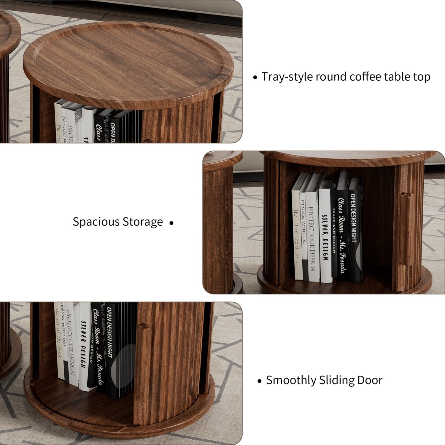 Set of 4 Round Coffee Tables with Sliding Door Storage, Modern Walnut Accent Side Tables, Fluted Roman Column End Tables & Bedside Nightstands for Living Room, Bedroom