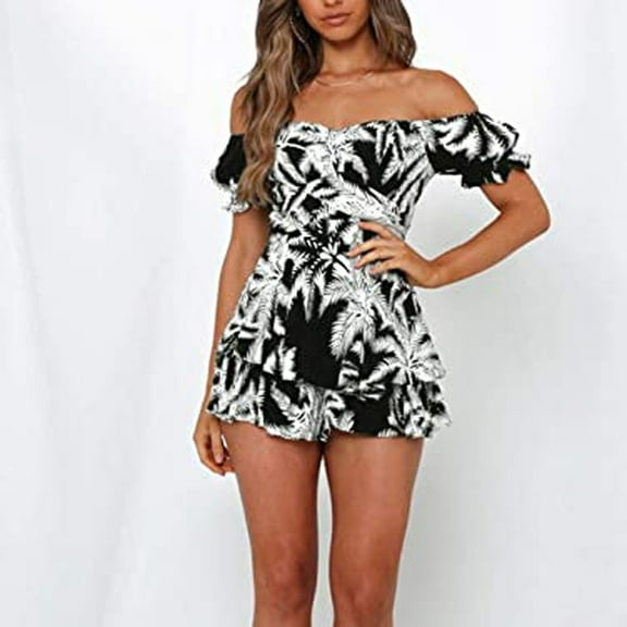 Edvintorg Flower Short Jumpsuit for Women 2025 Summer New Boho Romper Off Shoulder Ruffle Chiffon Shorts Jumpsuit Playsuits Beach Women Rompers Playsuits