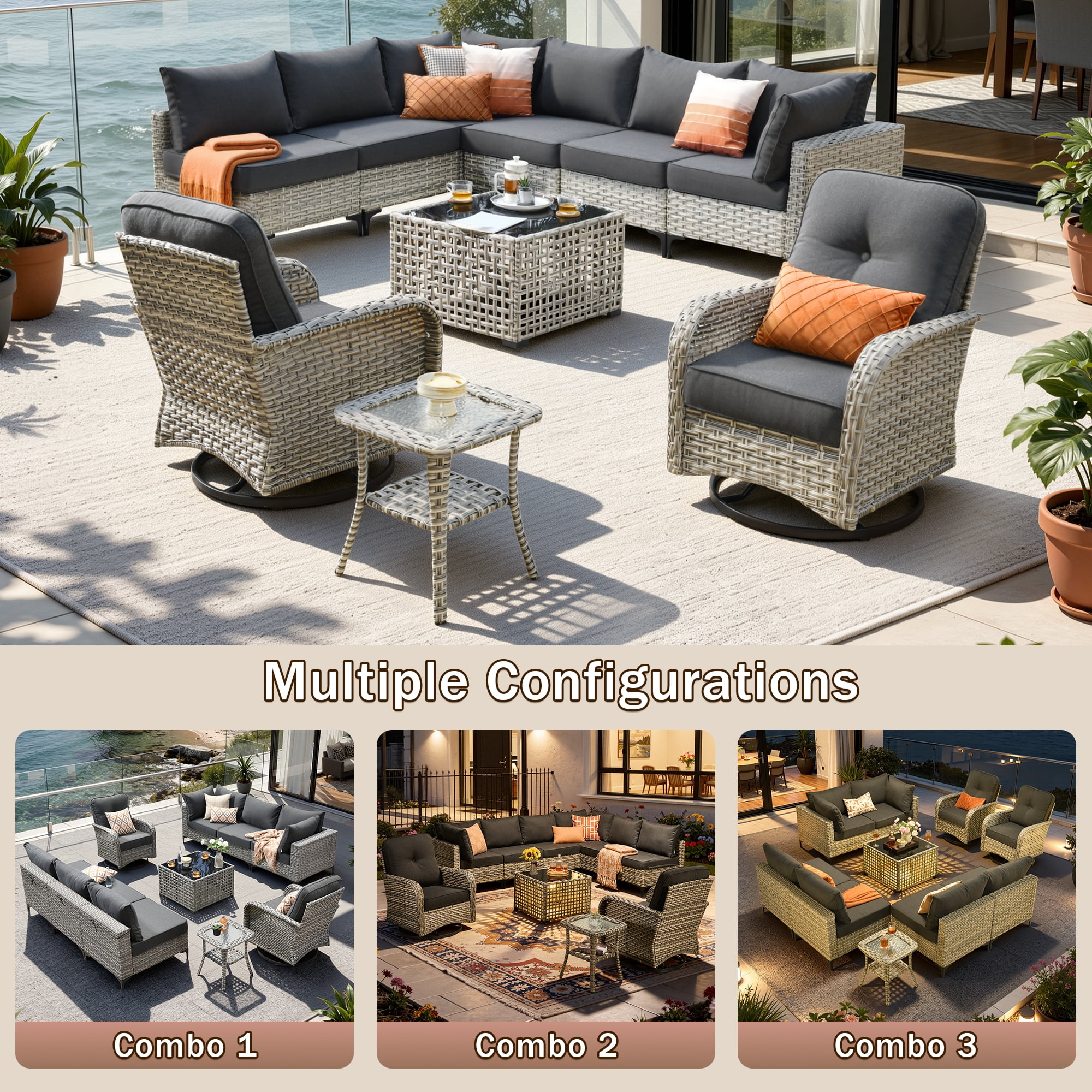 Vcatnet Outdoor Furniture 10 Pieces Patio Conversation Set All-Weather Rattan Wicker Outdoor Sectionals with Swivel Rocking Chair and Solar-Powered Coffee Table Black