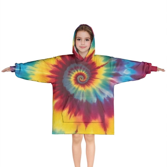 Colorful Rainbow Tie Dye Spiral Pattern Blanket Hoodies for Kids 6-13YR Oversize Wearable Blanket Hoodies for Boys Girls Teens