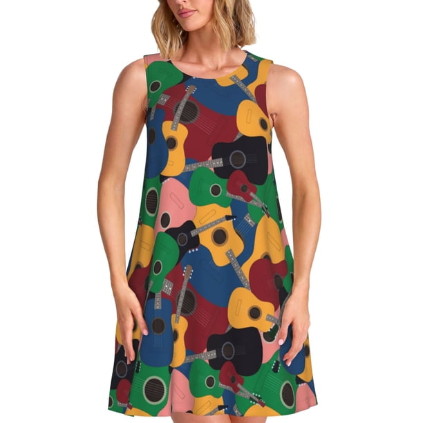 Easygdp Colored Guitars para Vestido Transpirable de Mujer, Vestido Suelto de Manga Corta con Pliegues y Bolsillos para el Verano