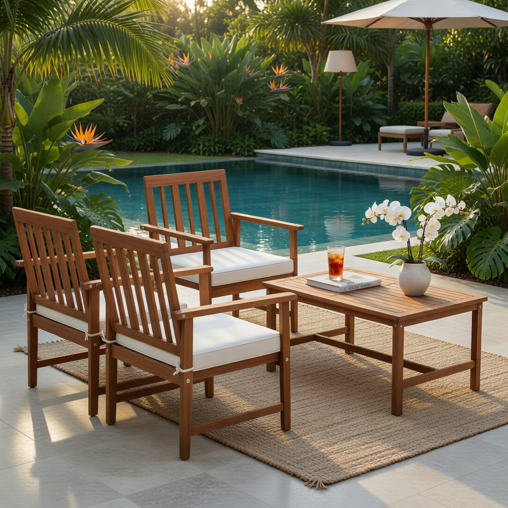 Hommoo 4-Piece Acacia Wood Outdoor Furniture Set, Wood Loveseat & Armchairs with Cushions, Coffee Table, Durable, Weather-Resistant Patio Set for Backyard, Porch & Poolside, White