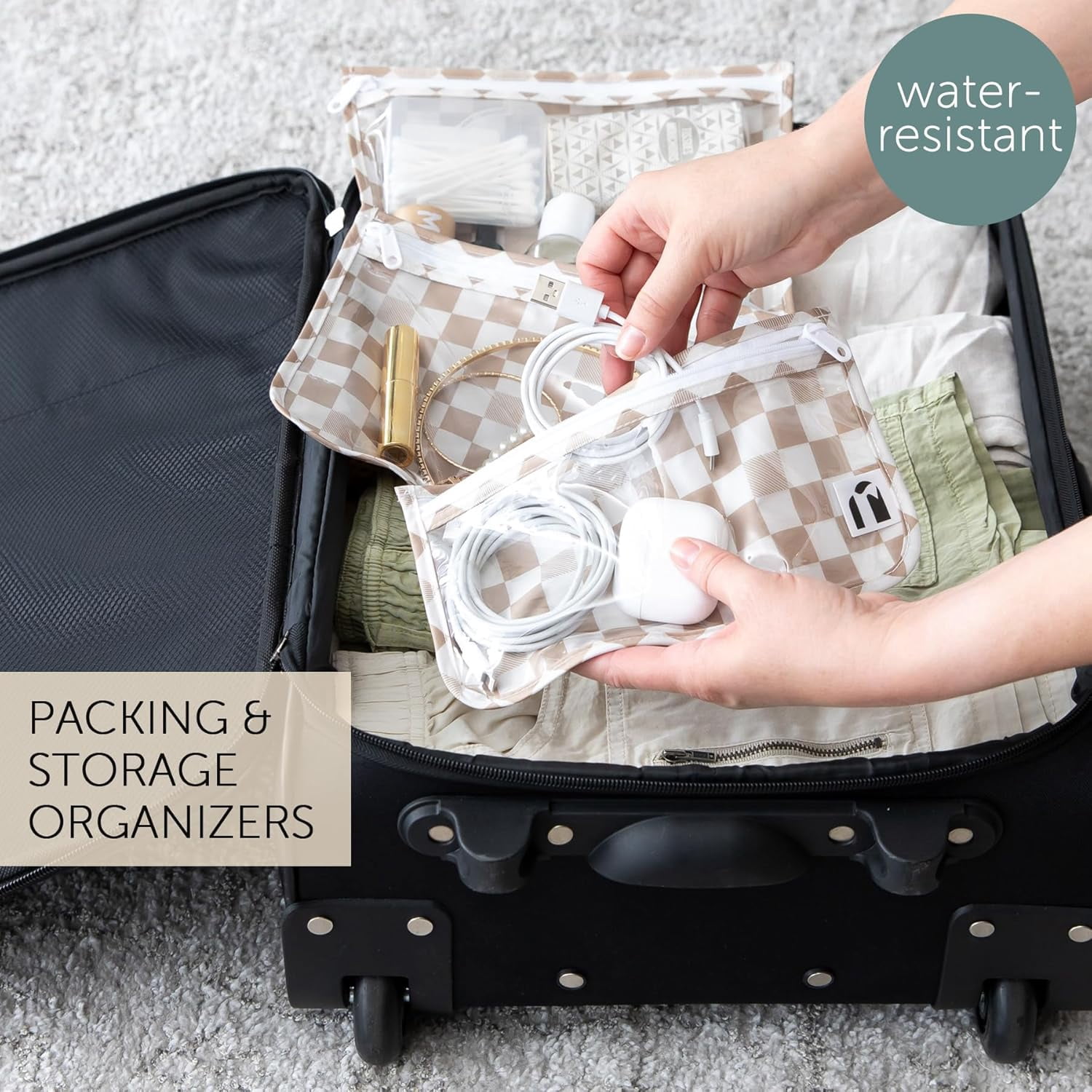 Roamio Travel Bag, Toiletry, TSA Approved Pouch, Zip Quart Size Airline Compliant, Clear-Sided, Baby, Diaper Organization, Makeup, Accessories, Packing, Set of 3 Sizes, Beige Check