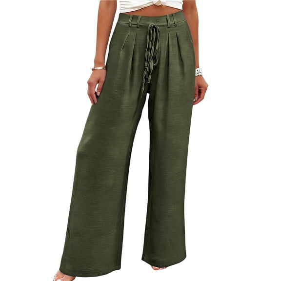 Nhthy Women's Summer Drawstring Waist Pants High Waist Pleated Wide Leg Casual Trousers Green L