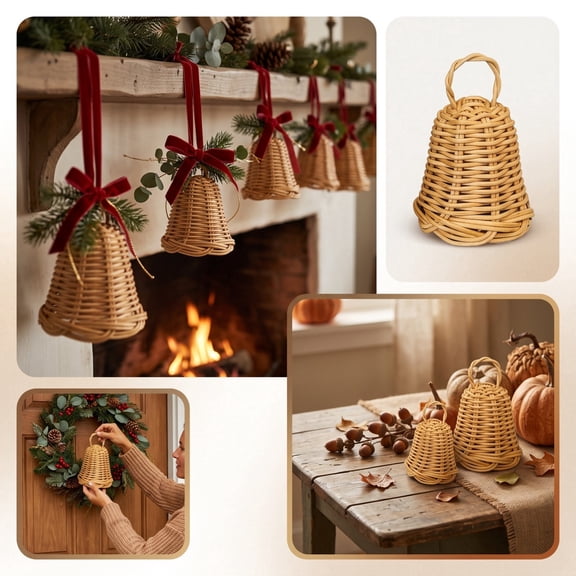 Handwoven Rattan Bells Christmas Ornaments, Set of 2, Natural Wicker Hanging Decor for Tree Fireplace